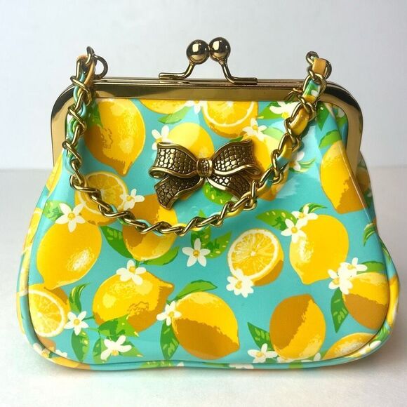 BETSEY JOHNSON Little Nugget Kiss Lock Bag Lemon Print - Picture 1 of 6
